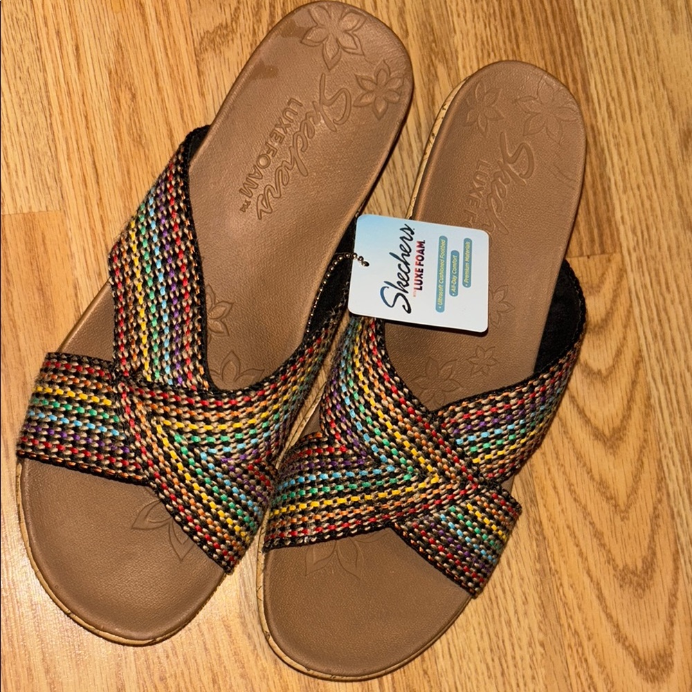 SKECHERS Luxe Foam Multi-Color Cork Wedge Sandals size 9